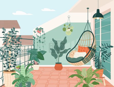 Illustration for Cozy balcony garden with potted green plants. Terrace eco-style interior design with rattan wicker chair, houseplants in flowerpots, greenery. Urban house jungle on veranda. Flat vector illustration. - Royalty Free Image