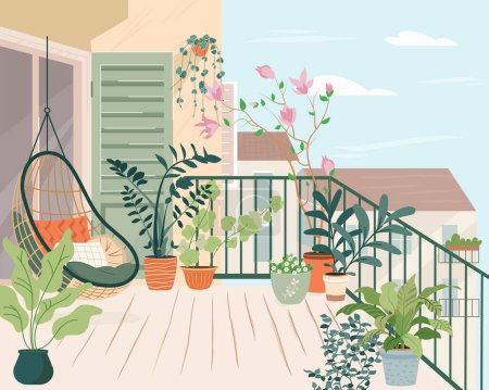 Cozy balcony garden with potted green plants. Terrace eco-style interior design with rattan wicker chair, houseplants in flowerpots, greenery. Urban house jungle on veranda. Flat vector illustration.