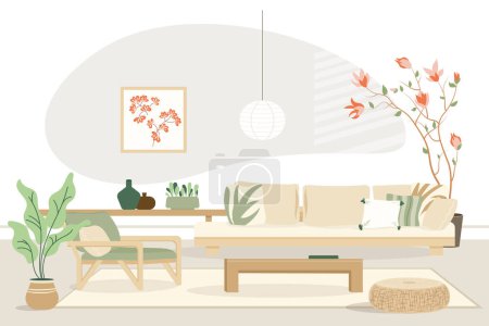 Acogedor interior de la sala de estar detallada en Japandi o estilo escandinavo con una elegante combinación de tonos naturales de moda. Sofá con almohadas, plantas, mesa. Diseño interior moderno.