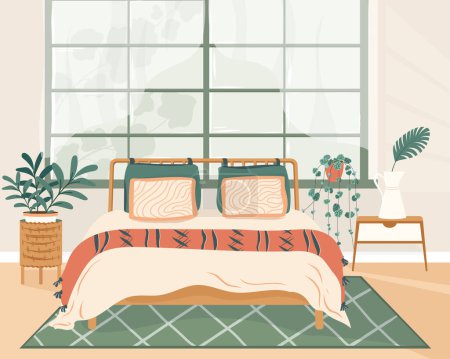 Acogedor interior de dormitorio de estilo boho detallado con una elegante combinación de tonos tierra de moda. Cama con almohadas, plantas, mesas de luz. Diseño interior moderno en estilo escandinavo. Ilustración vectorial.