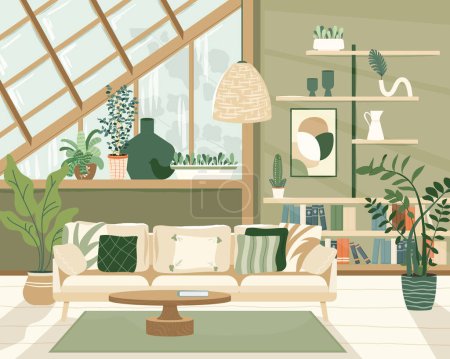 Cozy detailed boho style livingroom interior with a stylish combination of trendy earth tones. Sofa with pillows, plants, table. Modern interior design in Scandinavian Style. Vector illustration.