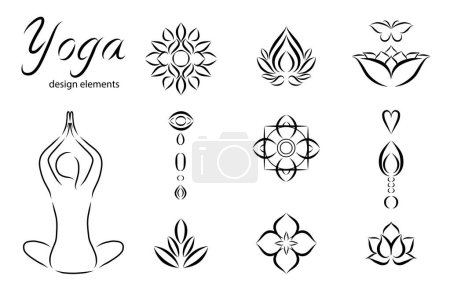 Illustration for Set of yoga vector icons templates and relaxation symbols in outline style. Woman silhouette in line art style. Collection of handdrawn yoga graphic design elements for spa center or yoga studio. - Royalty Free Image