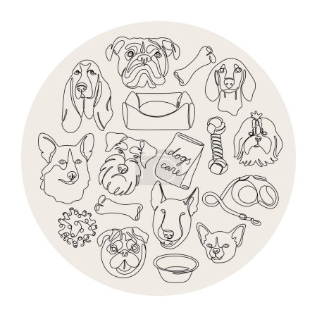 Illustration for Set of one continuous line drawing dogs with toys and accessories vector circle isolated on a white background. Single line minimal style dog portrait. Black and white cute dogs different breed - Royalty Free Image