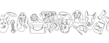 Illustration for One continuous line drawing dogs with toys and accessories vector Image. Single line minimal style dog portrait. Black and white seamless border. Lovely hand drawn horizontal seamless pattern. - Royalty Free Image