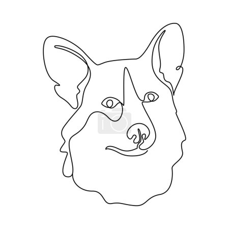One continuous line drawing Welsh Corgi vector Image. Single line minimal style dog breed portrait. Cute companion puppy black linear sketch isolated on white background
