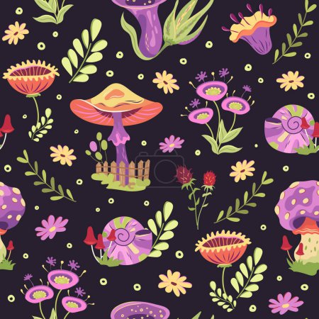 Bright groovy cottagecore seamless pattern with mushrooms, herbs and flowers on dark background. Retro dark surreal wallpaper with fun fungi and toadstools, agaric. Vintage design 60s, 70s style