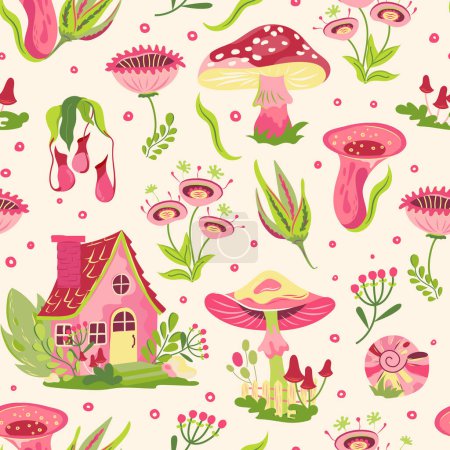 Bright pink groovy cottagecore seamless pattern with house and mushrooms on light yellow background. Retro surreal wallpaper with fun fungi and toadstools, agaric. Vintage design 60s, 70s style