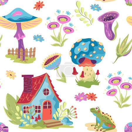 Helle groovy cottagecore nahtlose Muster mit Haus, Frosch und Pilzen auf transparentem Hintergrund. Retro-surreale Tapete mit lustigen Pilzen und Fliegenpilzen, agaric. Vintage Design 60er, 70er Jahre Stil