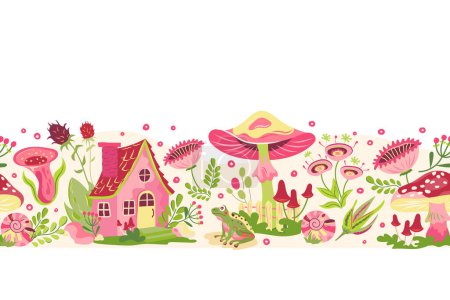 Cottagecore seamless border with house, mushrooms, flowers. Vector fairy tale with fly agaric in cartoon style. Forest magic illustration surreal design with fun cottage, fungi and toadstools.