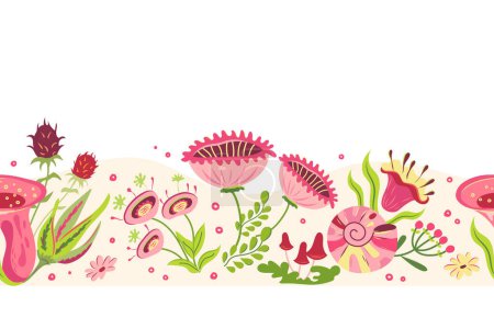 Illustration for Cottagecore seamless border with shell and wild flowers. Vector fairy pink flower meadow illustration in cartoon style. Lovely hand drawn horizontal floral magic pattern surreal vintage design 60s - Royalty Free Image