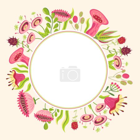 Illustration for Cottagecore round frame with pink wild flowers. Vector card with fairy plants in cartoon style on light yellow background. Floral magic illustration surreal vintage design 60s, 70s style - Royalty Free Image