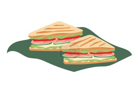 Dos sándwiches triangulares ilustración vectorial. Dos mitades de un sándwich para el desayuno o lanzamiento con tomate, ensalada y pepino. Ilustración vectorial de estilo plano aislado sobre fondo blanco