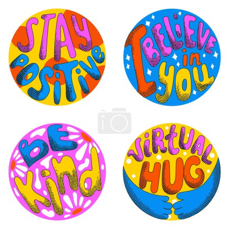 Set of retro groovy psychedelic lettering positive quotes. Creative vector slogans with flowers inside circle in vintage style 60s 70s. Trendy groovy print design for posters, cards, t-shirts in white