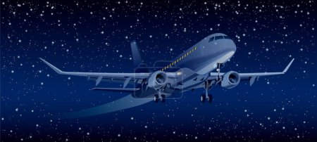 Foto de Ilustración vectorial realista detallada de un avión con tren de aterrizaje sobre fondo oscuro nocturno. Transporte y viajes - Imagen libre de derechos