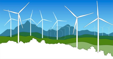 Illustration for White wind turbine generating electricity landscape. Renewable green energy concept - Royalty Free Image