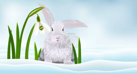 Foto de Lindo conejo de Pascua y nevadas en flor en la ilustración vector de fondo de nieve - Imagen libre de derechos