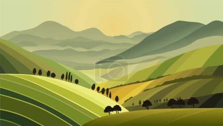 Foto de Paisaje vista de fiealds verdes, colinas y montañas, ilustración del vector - Imagen libre de derechos