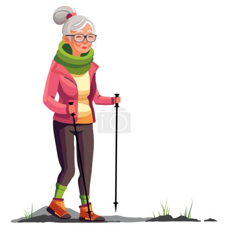 Foto de Mujer mayor está haciendo senderismo con bastones de trekking. Ilustración activa del vector de jubilación - Imagen libre de derechos