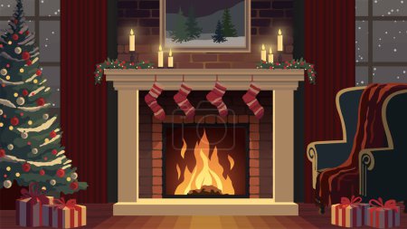 Foto de Interior de la noche de Navidad, chimenea de árbol decorado y regalos, ilustración vectorial - Imagen libre de derechos