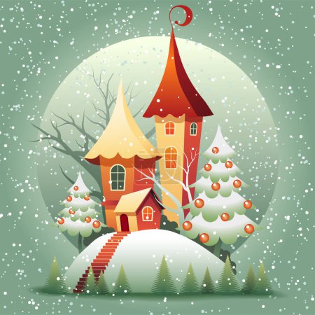 Foto de Navidad casas de hadas estilo de dibujos animados con la caída de la nieve vector ilustración - Imagen libre de derechos