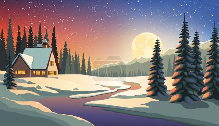 Foto de Fantástico paisaje nocturno de invierno con casa de madera en un bosque nevado. Vacaciones de Navidad y vacaciones de invierno concepto - Imagen libre de derechos
