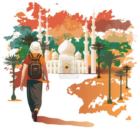 Foto de Viajero caminando a la gran mezquita en el desierto. Concepto de viajar en países musulmanes vector ilustración - Imagen libre de derechos