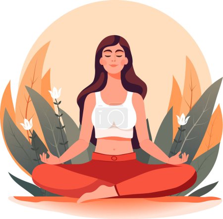 Foto de Mujer meditando en la naturaleza y se va. Ilustración conceptual para la meditación, ilustración vectorial en estilo plano de dibujos animados - Imagen libre de derechos