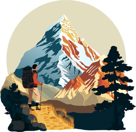 Foto de Hombre en las montañas mirando en los picos nevados. Paisaje para trekking, viajes o senderismo publicidad. Ilustración de vector de estilo plano - Imagen libre de derechos