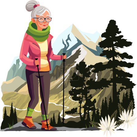 Foto de Mujer mayor activa haciendo senderismo en montañas con bastones de trekking. Concepto de estilo activo - Imagen libre de derechos