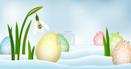 Foto de Fondo de Pascua - nevadas blancas y coloridos huevos de Pascua - Imagen libre de derechos