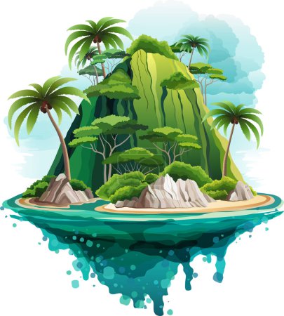 Foto de Isla deshabitada tropical con palmeras en el mar. Ilustración vectorial del concepto de vacaciones para agencias de viajes o sitios web - Imagen libre de derechos