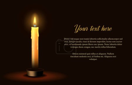 This stock illustration depicts a lit candle on a dark background. The candle flame creates an atmosphere of coziness and relaxation. It can be used in advertising products in web design, social media
