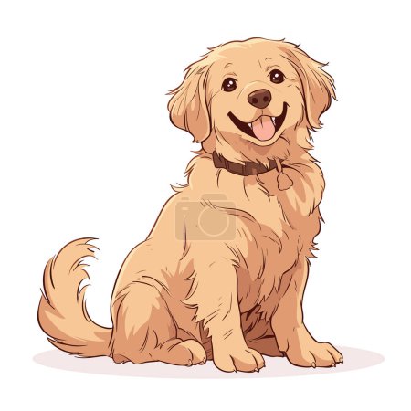 Esta ilustración vectorial representa un lindo cachorro golden retriever sentado con una expresión feliz. El cachorro tiene un collar marrón con una etiqueta y está sentado con la lengua hacia fuera. La imagen se hace en un estilo de dibujos animados con un fondo simple.