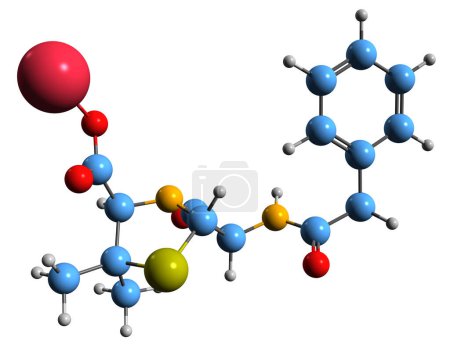 Téléchargez les photos : Image 3D de la formule squelettique pénicilline-G-sodium - structure chimique moléculaire de l'antibiotique isolé sur fond blanc - en image libre de droit