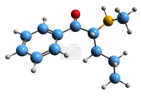 Foto de Imagen 3D de la fórmula esquelética de pentedrona - estructura química molecular de a-metilaminovalerofenona aislada sobre fondo blanco - Imagen libre de derechos