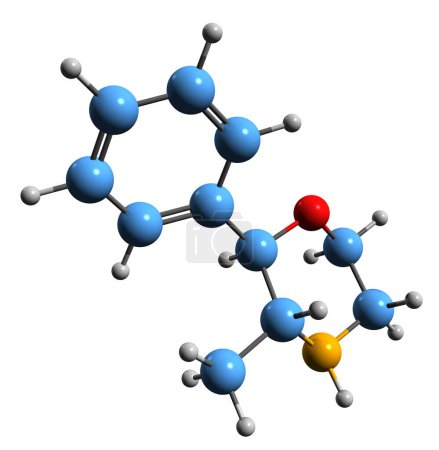 Foto de Imagen 3D de la fórmula esquelética de fenmetrazina: estructura química molecular de la droga estimulante aislada sobre fondo blanco - Imagen libre de derechos