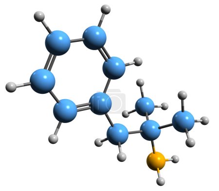 Foto de Imagen 3D de la fórmula esquelética de fentermina: estructura química molecular del supresor del apetito aislado sobre fondo blanco - Imagen libre de derechos