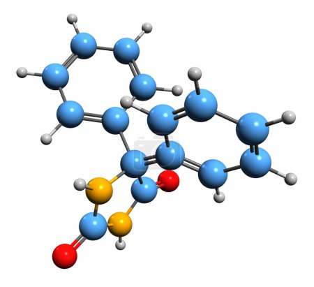 Foto de Imagen 3D de la fórmula esquelética de fenitoína: estructura química molecular de la medicación anticonvulsiva aislada sobre fondo blanco - Imagen libre de derechos