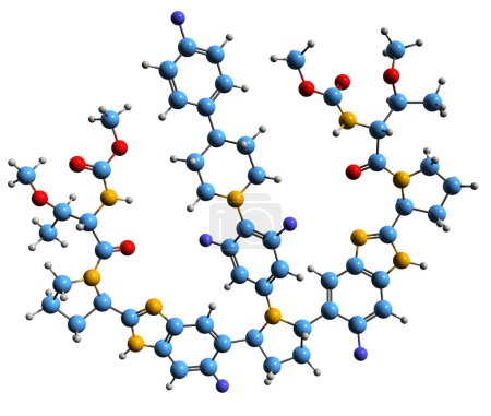 Téléchargez les photos : Image 3D de la formule squelettique de Pibrentasvir - structure chimique moléculaire de l'agent antiviral isolé sur fond blanc - en image libre de droit