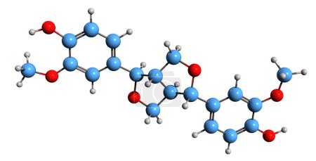 Téléchargez les photos : Image 3D de la formule squelettique de Pinoresinol - structure chimique moléculaire du lignane tétrahydrofurane isolé sur fond blanc - en image libre de droit