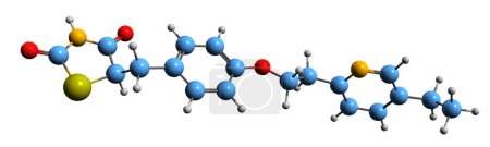 Foto de Imagen 3D de la fórmula esquelética de Pioglitazona: estructura química molecular de la medicación antidiabética aislada sobre fondo blanco - Imagen libre de derechos