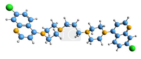 Téléchargez les photos : Image 3D de la formule squelettique de la pipéraquine - structure chimique moléculaire du médicament antiparasitaire isolé sur fond blanc - en image libre de droit