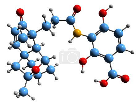 Téléchargez les photos : Image 3D de la formule squelettique de la platénsimycine - structure chimique moléculaire du métabolite de Streptomyces platensis isolé sur fond blanc - en image libre de droit