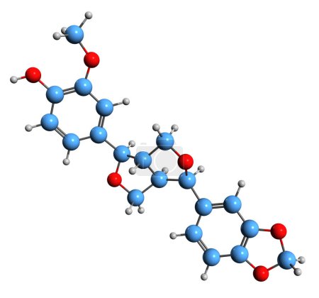 Téléchargez les photos : Image 3D de la formule squelettique Pluviatilol - structure chimique moléculaire du lignan isolé sur fond blanc - en image libre de droit