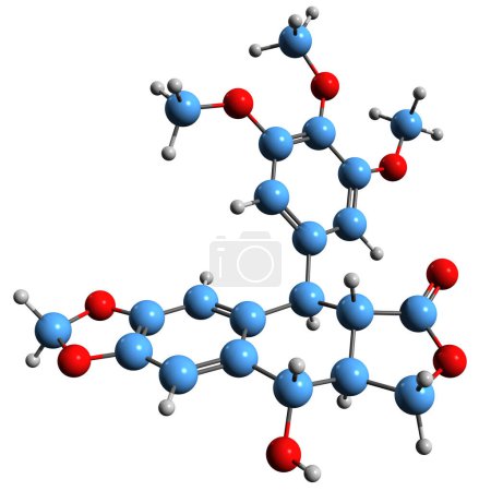 Foto de Imagen 3D de Podofilotoxina fórmula esquelética - estructura química molecular de la toxina no alcaloide antimitótica aislada sobre fondo blanco - Imagen libre de derechos