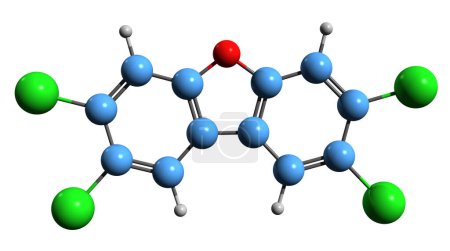 Téléchargez les photos : Image 3D de la formule squelettique des dibenzofuranes polychlorés - structure chimique moléculaire d'un composé organique isolé sur fond blanc - en image libre de droit