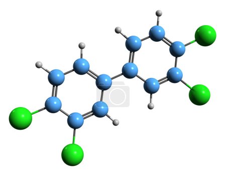 Téléchargez les photos : Image 3D de la formule squelettique des biphényles polychlorés - structure chimique moléculaire d'un composé chimique hautement cancérogène isolé sur fond blanc - en image libre de droit