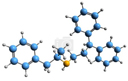 Téléchargez les photos : Image 3D de la formule squelettique prénylamine - structure chimique moléculaire du bloqueur de canaux calciques isolé sur fond blanc - en image libre de droit