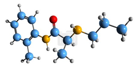 Téléchargez les photos : Image 3D de la formule squelettique de Prilocaine - structure chimique moléculaire de l'anesthésique local isolé sur fond blanc - en image libre de droit