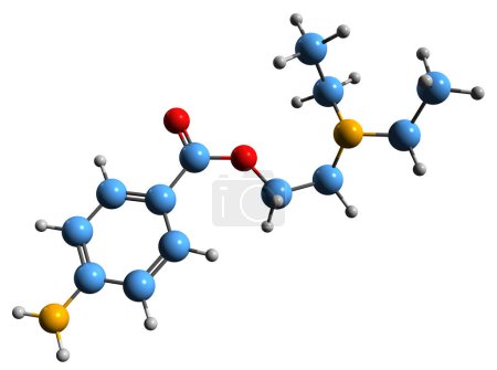 Téléchargez les photos : Image 3D de la formule squelettique Procaïne - structure chimique moléculaire du médicament anesthésique local isolé sur fond blanc - en image libre de droit